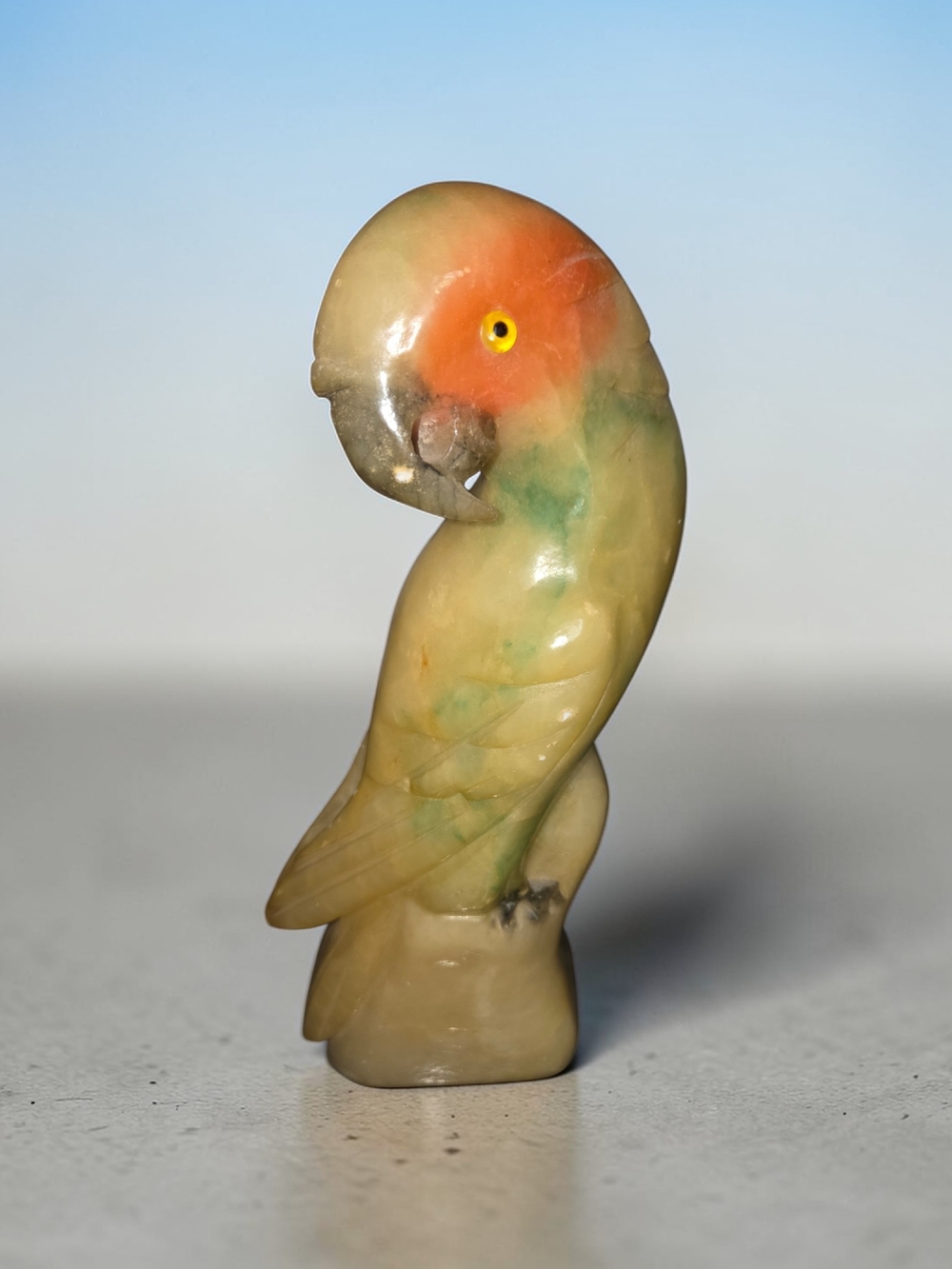 Hand-Carved Alabaster Green and Orange Parrot Figurine